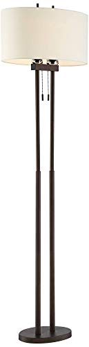 Franklin Iron Works Roscoe Modern Standing Floor Lamp 62" Tall Oil Rubbed Bronze Brown Twin Poles White Fabric Hardback Oval Shade Decor for Living Room Reading House Bedroom Office