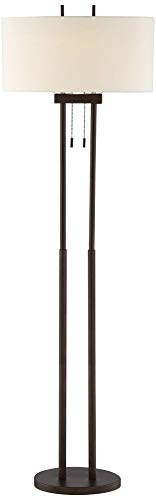 Franklin Iron Works Roscoe Modern Standing Floor Lamp 62" Tall Oil Rubbed Bronze Brown Twin Poles White Fabric Hardback Oval Shade Decor for Living Room Reading House Bedroom Office