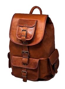 jaald 18" brown leather backpack vintage rucksack laptop bag water resistant casual daypack college bookbag comfortable lightweight travel hiking/picnic for men