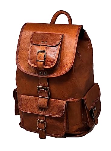 jaald 18" Brown Leather Backpack Vintage Rucksack Laptop Bag Water Resistant Casual Daypack College Bookbag Comfortable Lightweight Travel Hiking/Picnic for Men