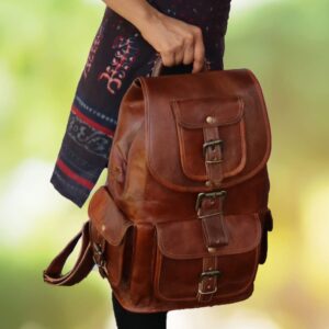 jaald 18" Brown Leather Backpack Vintage Rucksack Laptop Bag Water Resistant Casual Daypack College Bookbag Comfortable Lightweight Travel Hiking/Picnic for Men