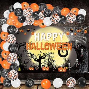 famoby happy halloween theme fabric sign poster banner backdrop metallic shiny latex balloons for birthday photo booth background party decorations supplies