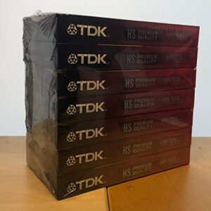 tdk 7 pack t-120 vhs premium quality hs video tape- 120 minute/6 hour. discontinued by manufacturer