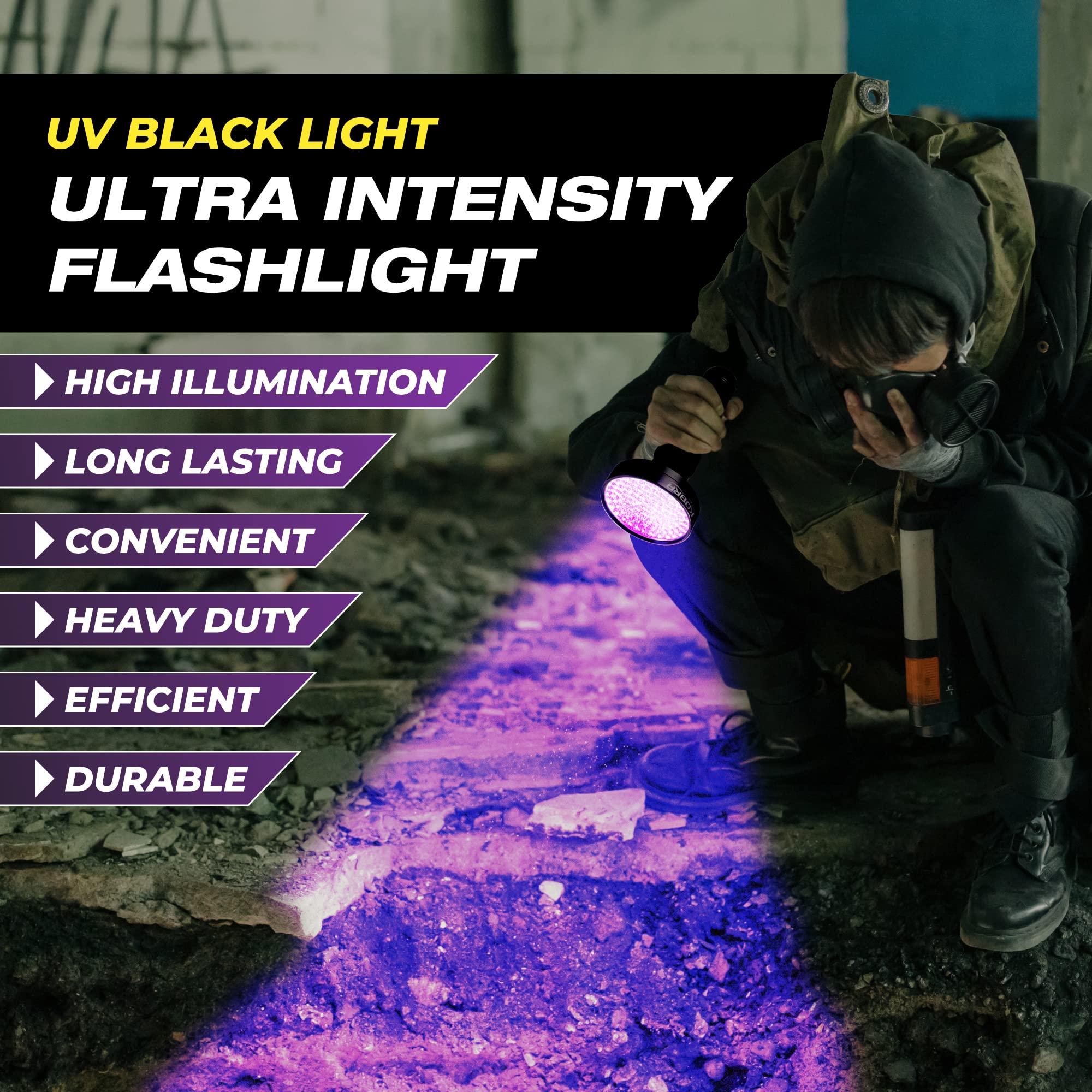 Kobra Black Light Flashlight 100 LED Lamp and Blacklight for Home & Hotel Inspection, Pet Urine & Stains - Ultra Intensity 18W 385-395nm LEDs Spot Counterfeit Money, Leaks, Scorpions (100 LED) (Black)