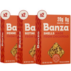 banza chickpea pasta, variety pack (2 penne pasta/2 rotini pasta/2 pasta shells) - gluten free healthy pasta noodles, high protein pasta, lower carb and non-gmo pasta noodle - 8 oz (pack of 6)