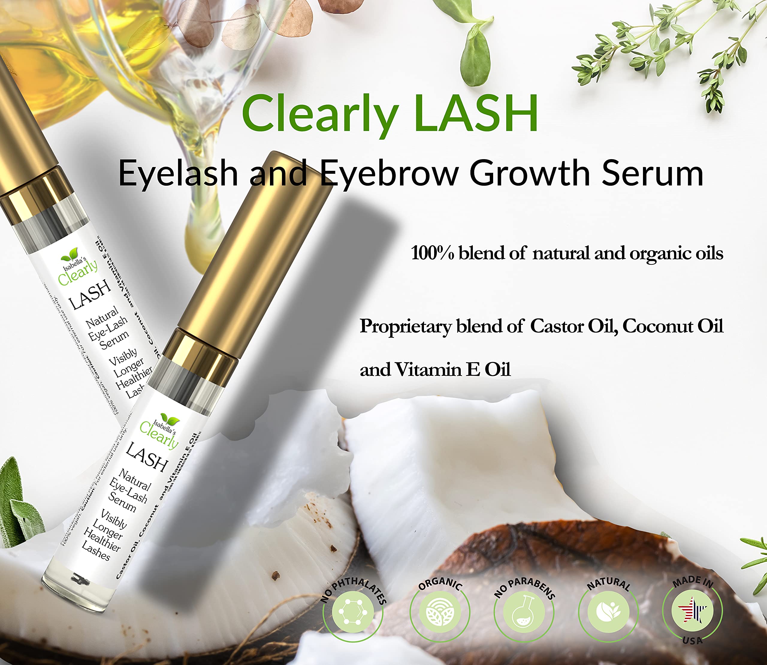 Clearly LASH, Natural Eyelash Growth Serum for Longer, Fuller Enhanced Lashes and Brows with Castor Oil + Vitamin E | Irritation Free and Paraben Free