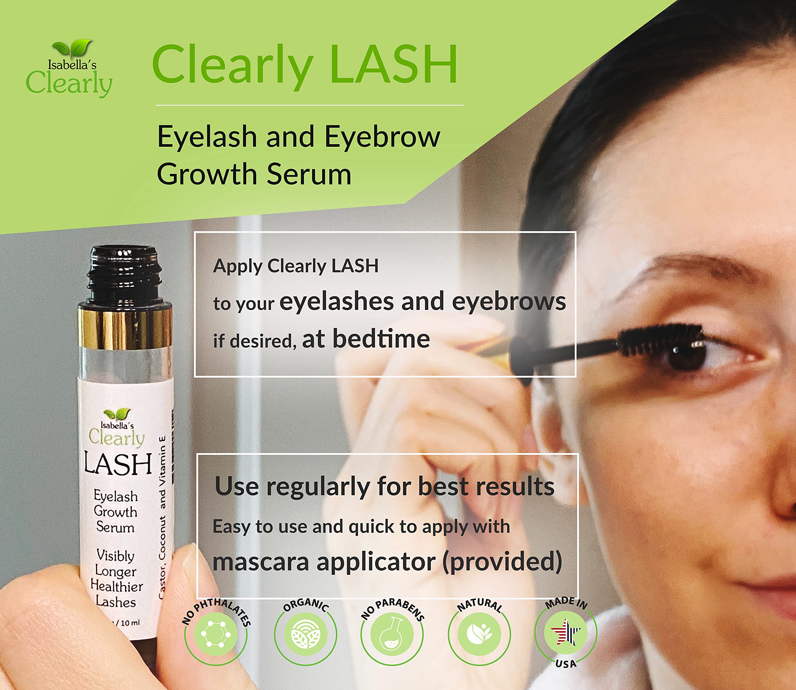 Clearly LASH, Natural Eyelash Growth Serum for Longer, Fuller Enhanced Lashes and Brows with Castor Oil + Vitamin E | Irritation Free and Paraben Free