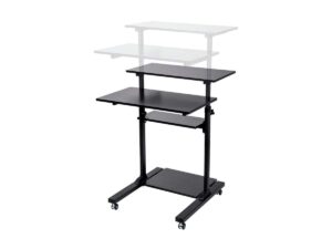 monoprice height adjustable pc workstation cart - for seated or standing position, with 28 inch table top,two additional accessory shelves, ideal for work and home, black, keyboard+ monitor