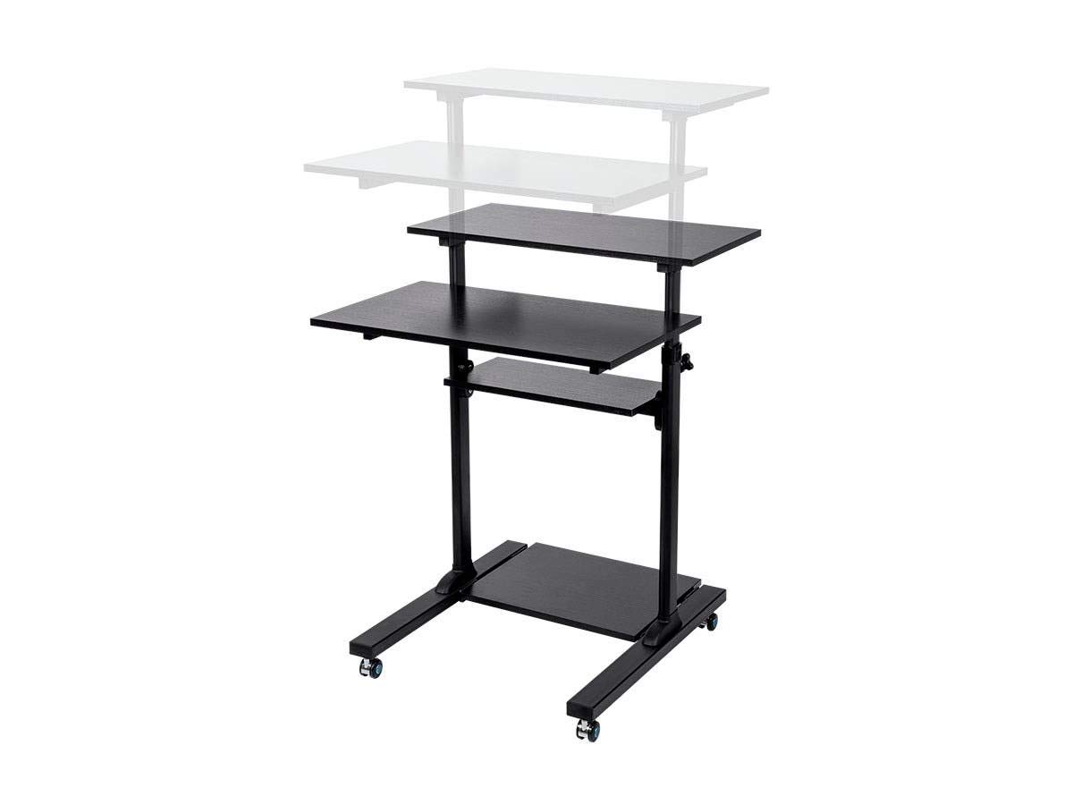 Monoprice Height Adjustable PC Workstation Cart - for Seated or Standing Position, with 28 Inch Table Top,Two Additional Accessory Shelves, Ideal for Work and Home, Black, Keyboard+ Monitor