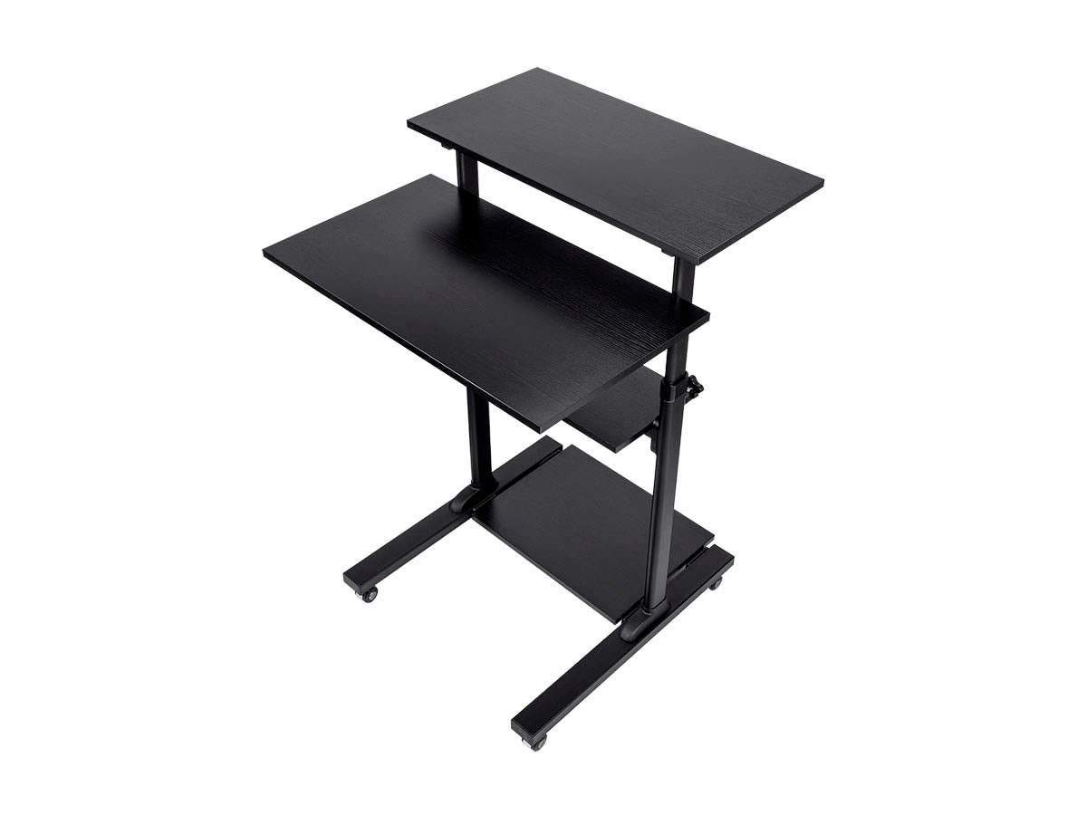 Monoprice Height Adjustable PC Workstation Cart - for Seated or Standing Position, with 28 Inch Table Top,Two Additional Accessory Shelves, Ideal for Work and Home, Black, Keyboard+ Monitor