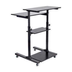 Monoprice Height Adjustable PC Workstation Cart - for Seated or Standing Position, with 28 Inch Table Top,Two Additional Accessory Shelves, Ideal for Work and Home, Black, Keyboard+ Monitor