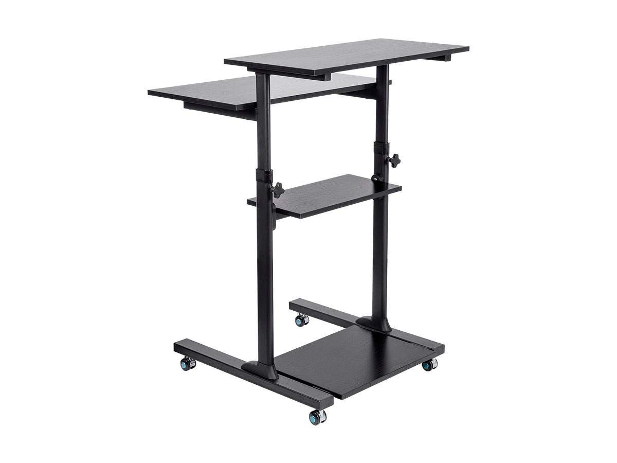 Monoprice Height Adjustable PC Workstation Cart - for Seated or Standing Position, with 28 Inch Table Top,Two Additional Accessory Shelves, Ideal for Work and Home, Black, Keyboard+ Monitor