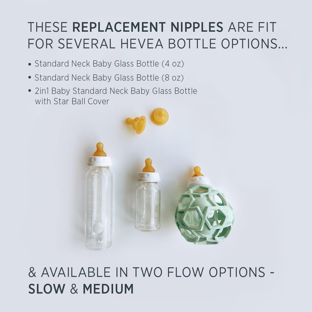 HEVEA Standard Neck Baby Glass Bottle Nipples Medium Flow: Glass Baby Bottle Nipples - Two-Pack - 100% Natural Rubber 3-24 Months