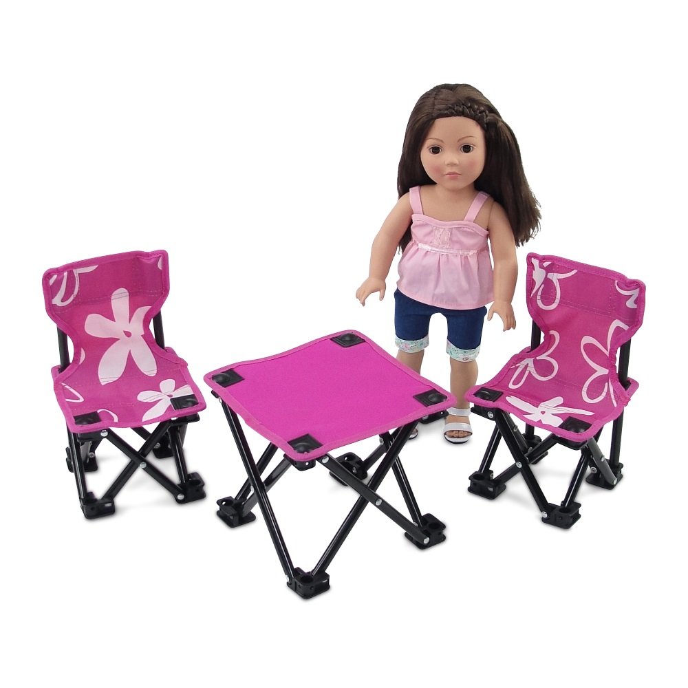 Emily Rose 18 Inch Doll 3-PC Folding Camp Camping Beach Sports Chairs and Table | Doll Furniture is Compatible with16-18" American Girl Dolls