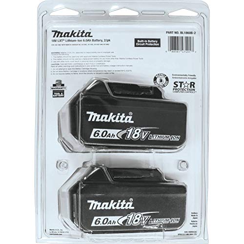 Makita BL1860B-2 18V LXT Lithium-Ion 6.0Ah Battery, 2/pk, Black