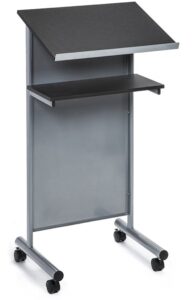 audio-visual direct wheeled lectern podium - standing desk with storage shelf - silver/black - ideal for presentations and laptop use