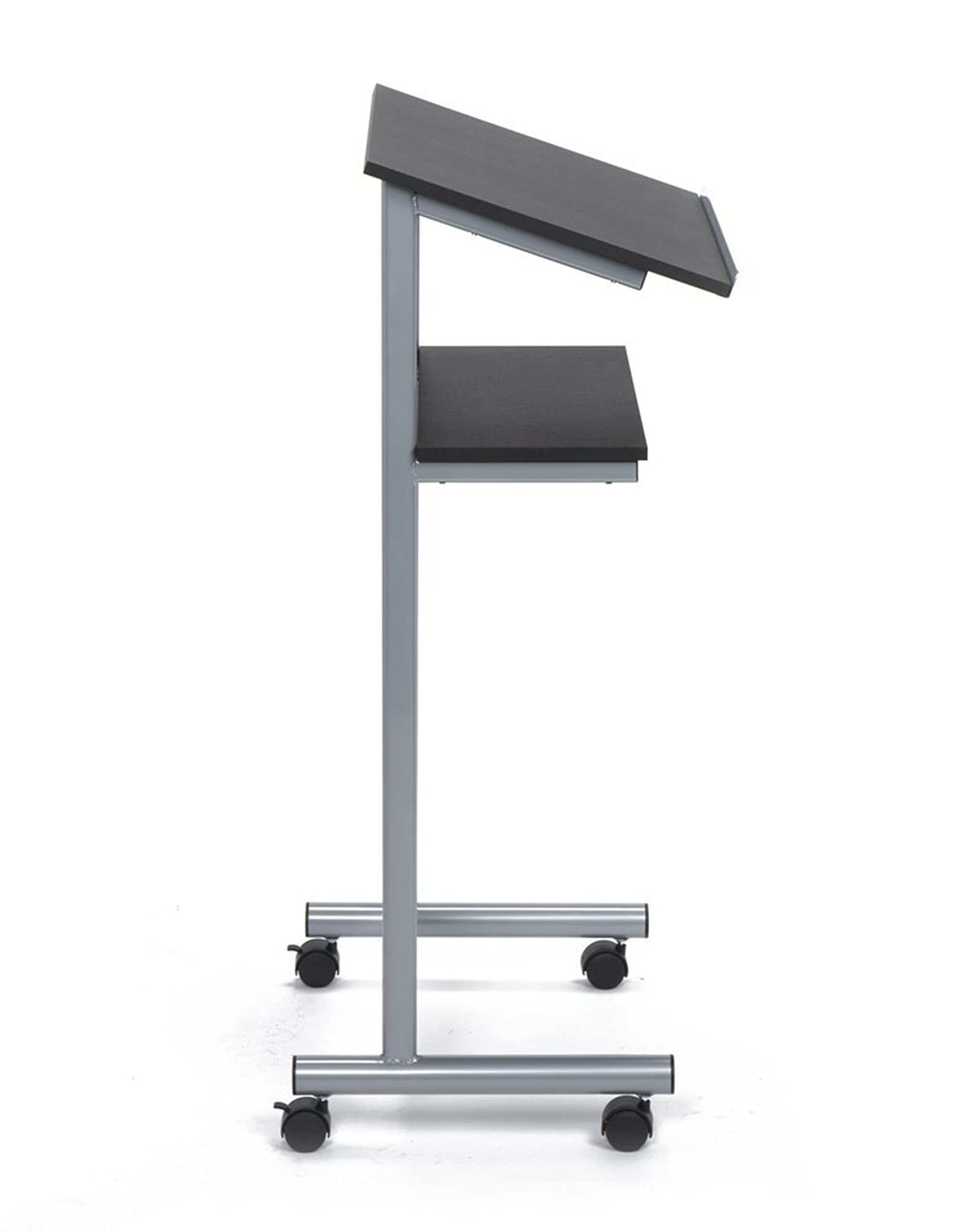 Audio-Visual Direct Wheeled Lectern Podium - Standing Desk with Storage Shelf - Silver/Black - Ideal for Presentations and Laptop Use