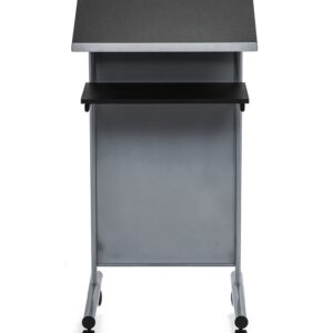 Audio-Visual Direct Wheeled Lectern Podium - Standing Desk with Storage Shelf - Silver/Black - Ideal for Presentations and Laptop Use