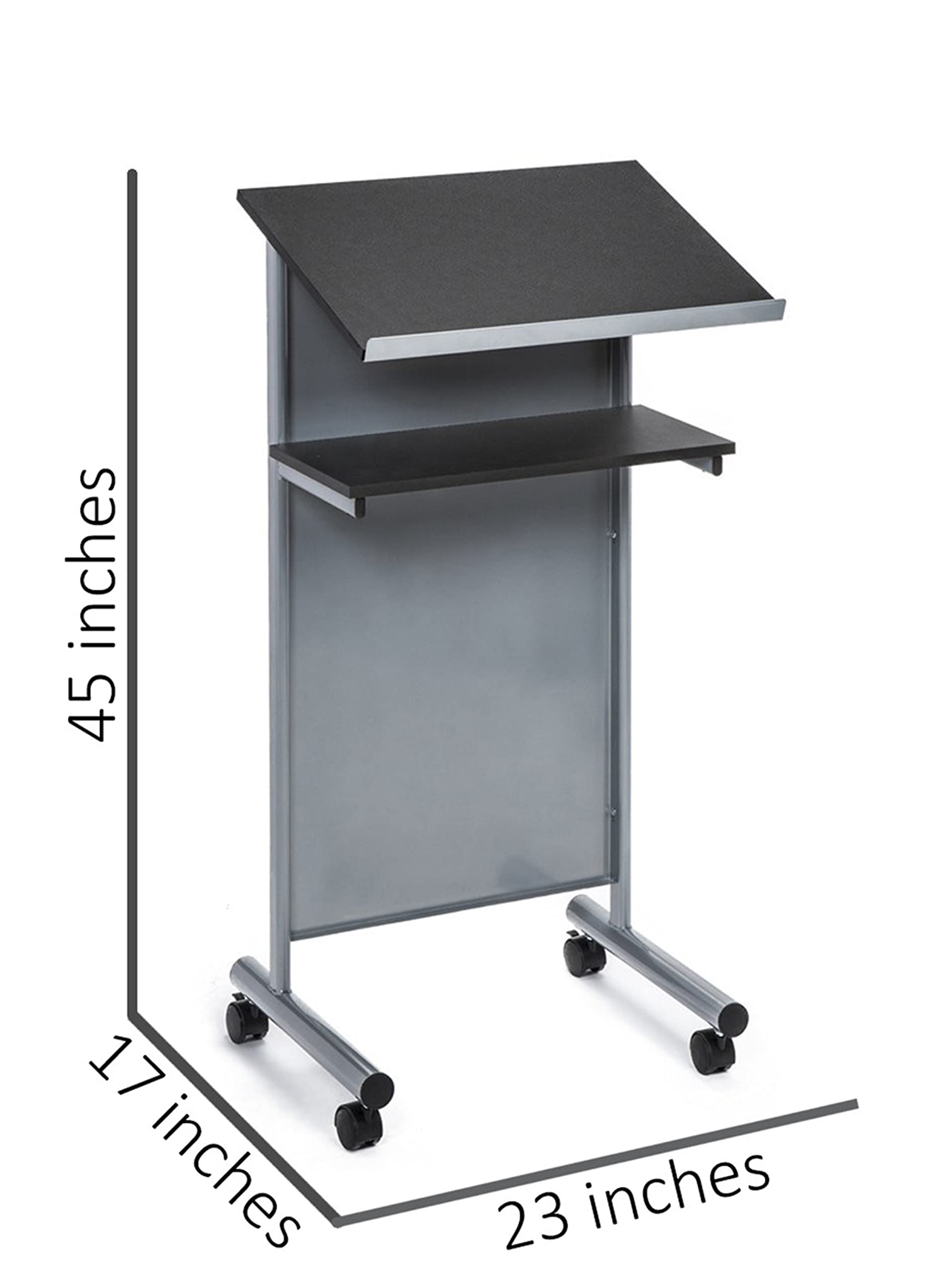 Audio-Visual Direct Wheeled Lectern Podium - Standing Desk with Storage Shelf - Silver/Black - Ideal for Presentations and Laptop Use