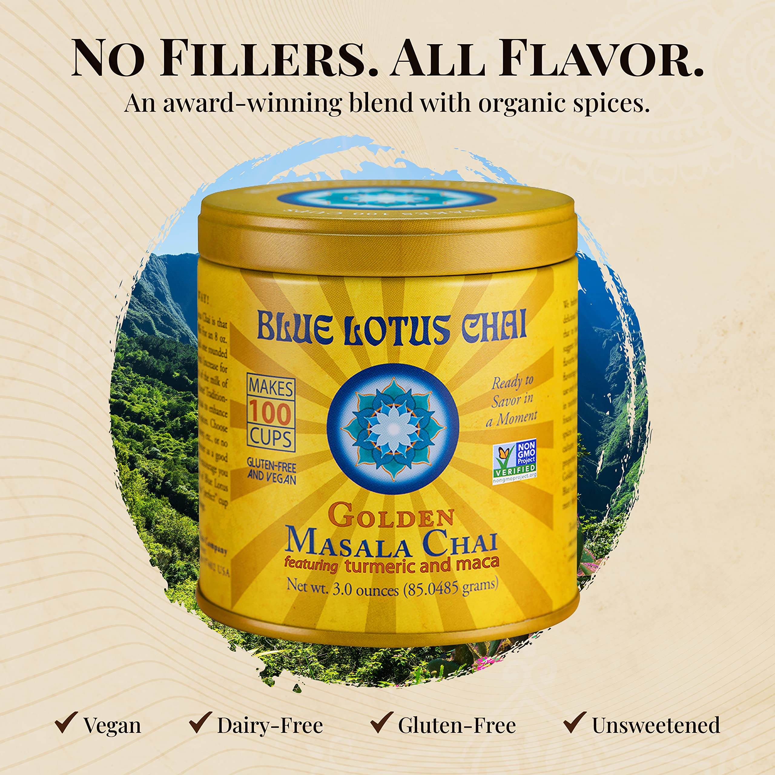 Blue Lotus Chai - Golden Masala Flavor Chai - Makes 100 Cups - 3 Ounce Masala Spiced Chai Powder with Organic Spices - Instant Indian Tea No Steeping - No Gluten