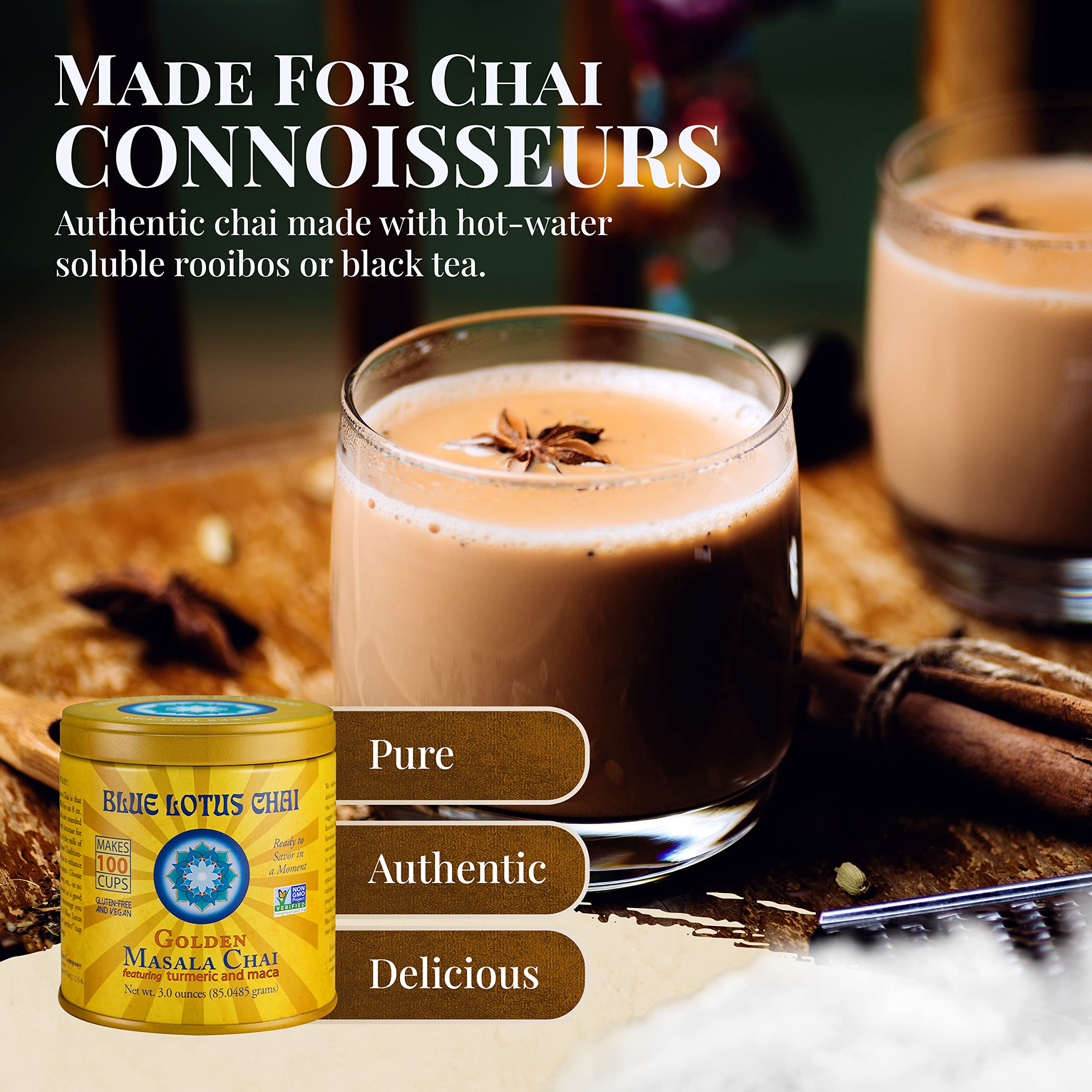 Blue Lotus Chai - Golden Masala Flavor Chai - Makes 100 Cups - 3 Ounce Masala Spiced Chai Powder with Organic Spices - Instant Indian Tea No Steeping - No Gluten