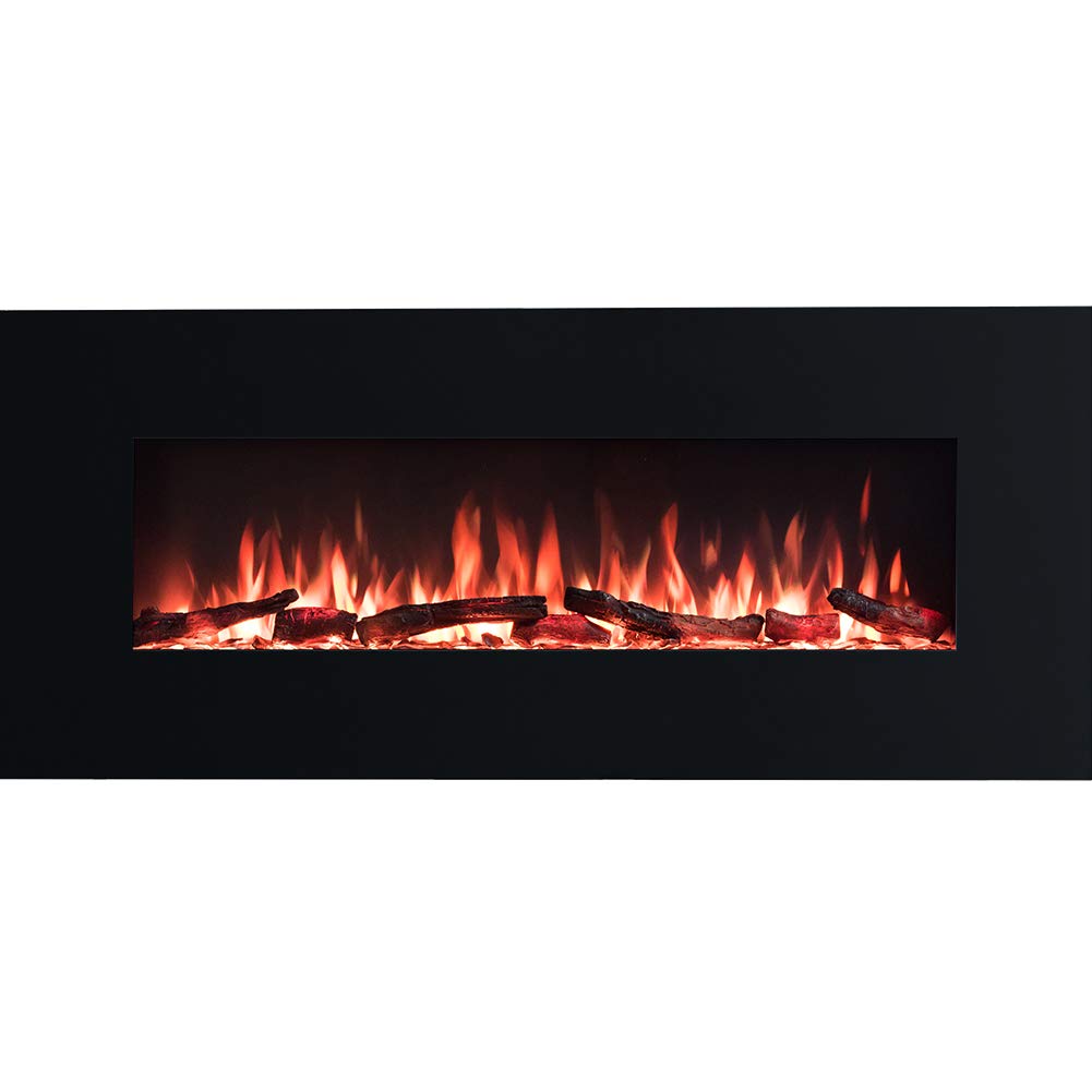 PuraFlame Serena 50 Inches Wall Mounted Linear Electric Fireplace with Log Set & Crystal, Adjustable Flame Color and Speed, 750 / 1500W Heater, Remote with Timer, 50.38 x 5.44 x 21.63 inches, Black