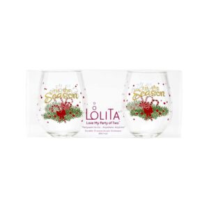 c.r. gibson 16-ounce stemless holiday acrylic wine glasses, by lolita, set of 2, bpa free, measures 3.5" x 4.5" - tis the season