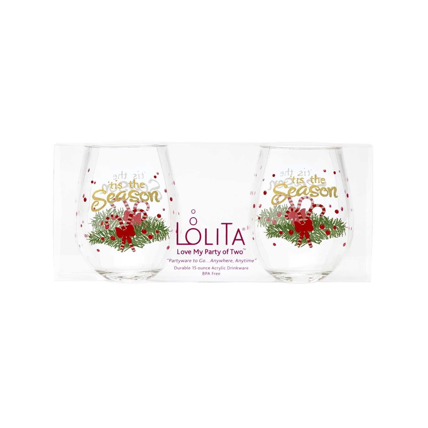 C.R. Gibson 16-Ounce Stemless Holiday Acrylic Wine Glasses, By Lolita, Set of 2, BPA Free, Measures 3.5" x 4.5" - Tis The Season