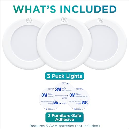 Brilliant Evolution Wireless LED Puck Light 3 Pack, Under Cabinet Lighting, Closet Lights, Kitchen Sink/Shelf Lights, Battery Powered, Stick On Push/Tap Lights - Under Cabinet Lights Wireless