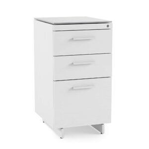 BDI Furniture Centro 6414 Locking 3-Drawer File Cabinet for Home or Office with Letter or Legal-Sized File Drawer and 2 Supply Drawers, Satin-Etched Tempered Glass Top, Satin White