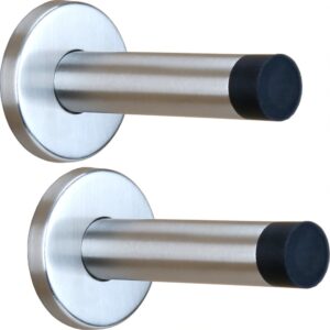 H&S Heavy Duty Door Stoppers for Skirtings - Pack of 2 - Wall Mounted Door Stop Set - Stainless Steel Stopper with Rubber Tip