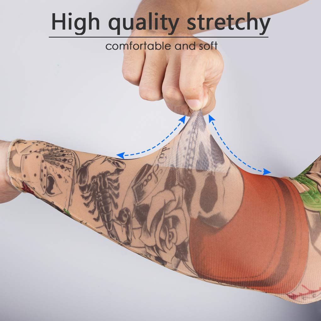 Gospire 6 Pcs Stretchy Nylon Fake Temporary Tattoo Sleeves Body Art Arm Stockings Slip Accessories Halloween Tattoo Soft For Men Women