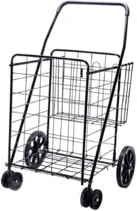 ls jumbo deluxe foldable utility shopping cart with dual swivel wheels and double basket- 200 lb capacity