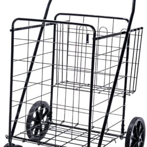 LS Jumbo Deluxe Foldable Utility Shopping Cart with Dual Swivel Wheels and Double Basket- 200 lb Capacity