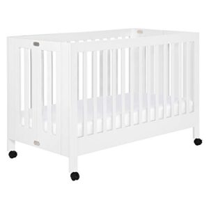 babyletto maki full-size 2-in-1 portable folding crib with toddler bed conversion kit in white, greenguard gold certified