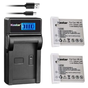kastar battery (x2) & lcd slim usb charger for canon nb-4l and canon elph 100 hs, 300 hs, 310 hs, 330 hs, vixia mini, powershot sd400, sd450, sd600, sd630, sd750, sd780, sd1000, sd1100 is, sd1400 is