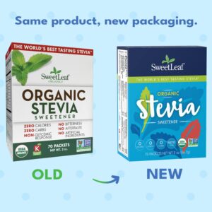 SweetLeaf Organic Stevia Packets - Zero Calorie Stevia Powder, No Bitter Aftertaste, Sugar Substitute for Keto Coffee, Nothing Artificial, Non-GMO Stevia Sweetener Packets, 70 Count (Pack of 2)