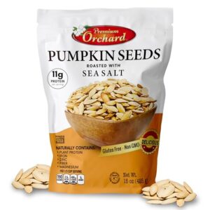 roasted pumpkin seeds to eat in shell by premium orchards mixed nuts - salted with sea salt - non-gmo vegan fresh healthy snacks/ - great source of plant protein, zinc, magnesium & iron - 1 bag
