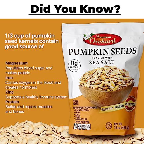 ROASTED PUMPKIN SEEDS to Eat in Shell by Premium Orchards MIXED NUTS - Salted with Sea Salt - Non-GMO Vegan Fresh Healthy Snacks/ - Great source of Plant Protein, Zinc, Magnesium & Iron - 1 Bag