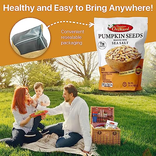 ROASTED PUMPKIN SEEDS to Eat in Shell by Premium Orchards MIXED NUTS - Salted with Sea Salt - Non-GMO Vegan Fresh Healthy Snacks/ - Great source of Plant Protein, Zinc, Magnesium & Iron - 1 Bag