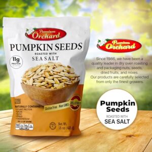 ROASTED PUMPKIN SEEDS to Eat in Shell by Premium Orchards MIXED NUTS - Salted with Sea Salt - Non-GMO Vegan Fresh Healthy Snacks/ - Great source of Plant Protein, Zinc, Magnesium & Iron - 1 Bag