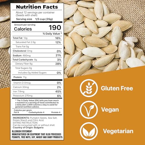 ROASTED PUMPKIN SEEDS to Eat in Shell by Premium Orchards MIXED NUTS - Salted with Sea Salt - Non-GMO Vegan Fresh Healthy Snacks/ - Great source of Plant Protein, Zinc, Magnesium & Iron - 1 Bag