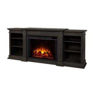 real flame eliot grand electric fireplace tv stand, solid wood with adjustable shelves, includes mantel, firebox & remote control antique grey