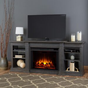 Real Flame Eliot Grand Electric Fireplace TV Stand, Solid Wood with Adjustable Shelves, Includes Mantel, Firebox & Remote Control Antique Grey