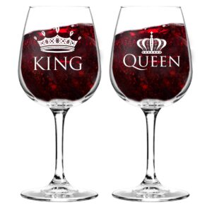 king and queen wine glass gift set of 2 (12.75 oz) | fun novelty his and hers or husband wife drinkware | couple, newlywed| wedding or favorite couples gift | usa made