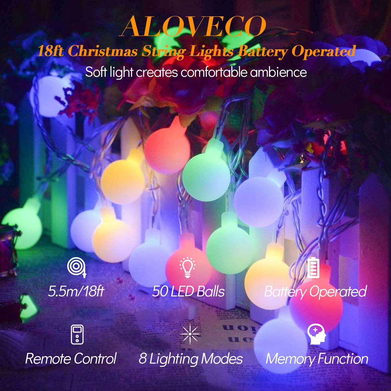 ALOVECO LED String Lights 18ft 50 LEDs Battery Operated String Lights with Remote 8 Modes Waterproof Globe Starry Fairy Lights for Outdoor Indoor Bedroom Garden Party Christmas Tree(Multicolor)