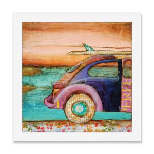 the perfect day - danny phillips art print, unframed, purple and orange classic antique car artwork, surfboard coastal ocean nautical mixed media collage painting, all sizes