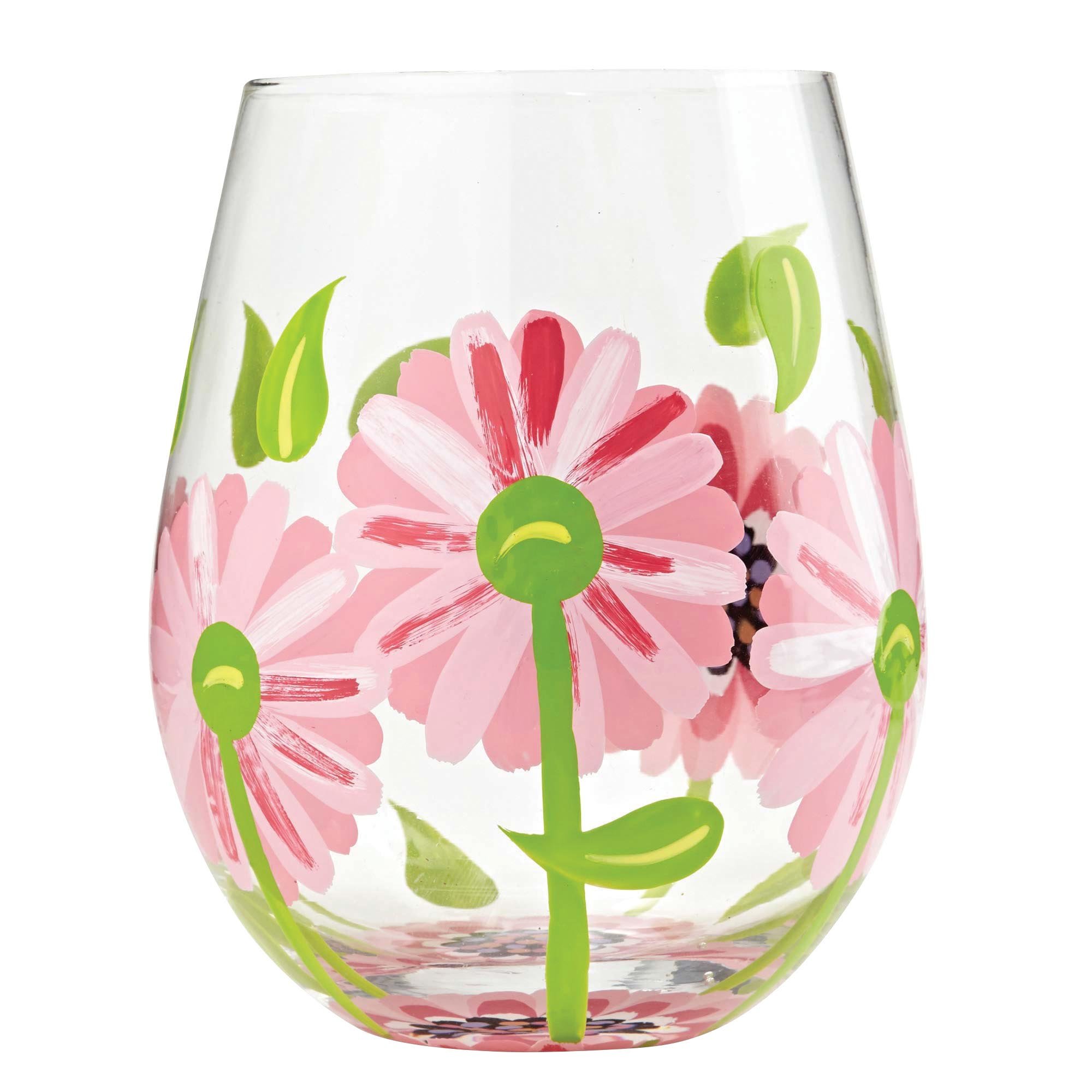Designs by Lolita “Oops a Daisy” Hand-painted Artisan Stemless Wine Glass, 20 oz.