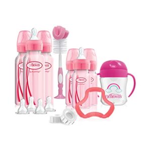 dr. brown's natural flow anti-colic options+ special edition pink baby bottle gift set with soft sippy spout transition cup, flexees teether, bottle cleaning brush and travel caps