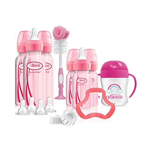 Dr. Brown's Natural Flow Anti-Colic Options+ Special Edition Pink Baby Bottle Gift Set with Soft Sippy Spout Transition Cup, Flexees Teether, Bottle Cleaning Brush and Travel Caps